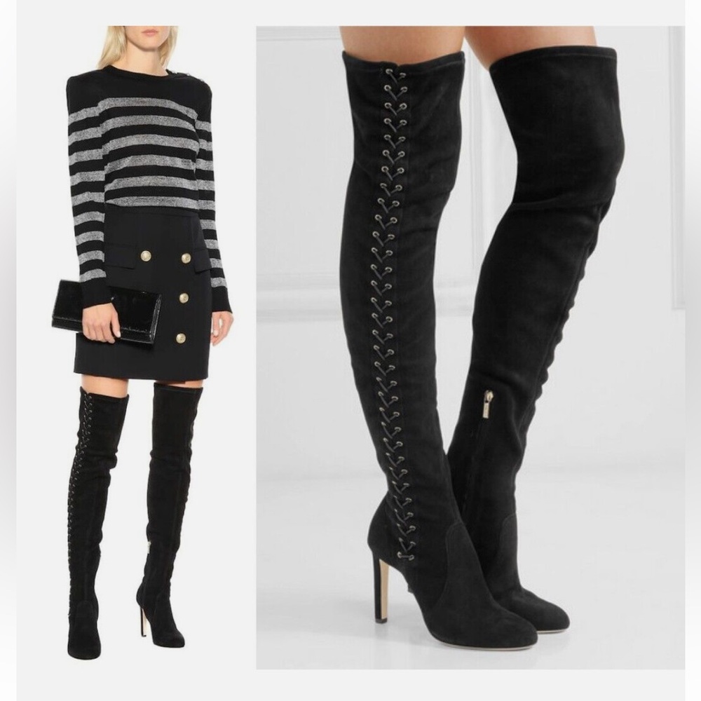 Jimmy Choo Black Lace-Up Over-the-Knee Boots
